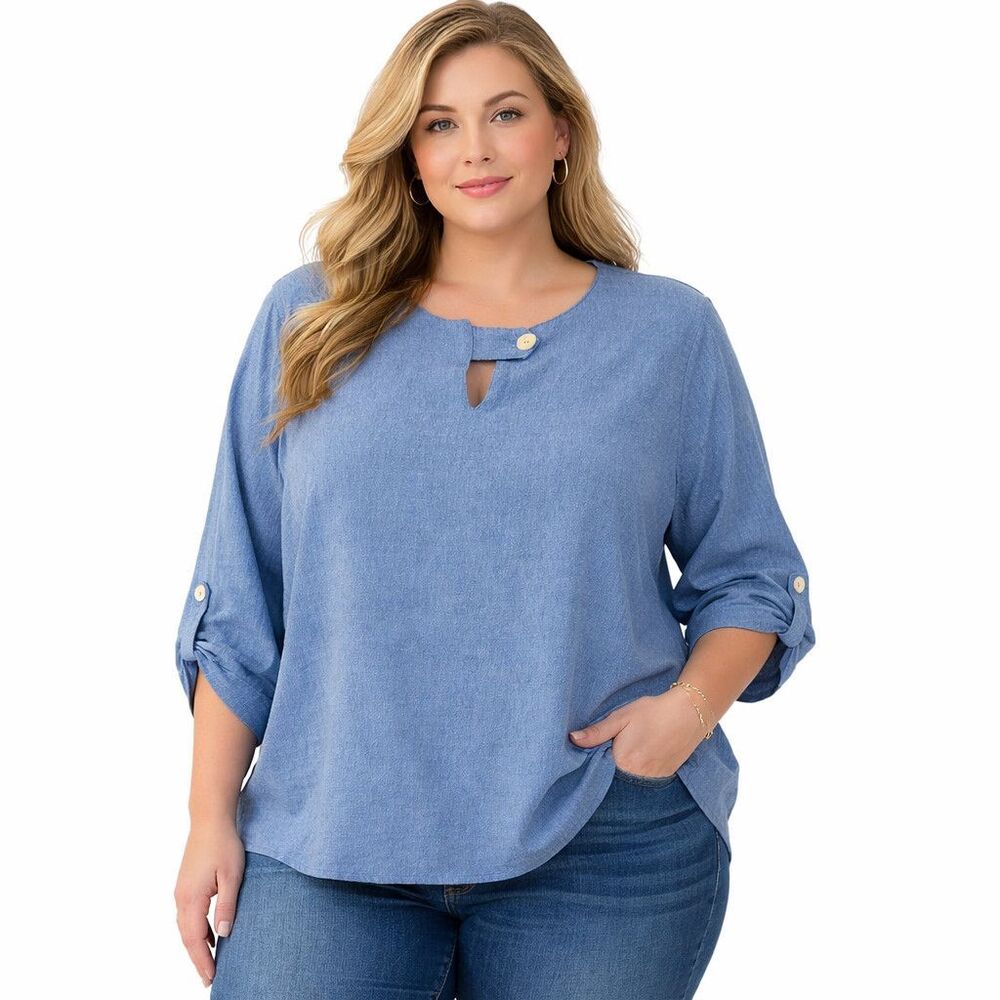 Toofan Blouse Womens XL Blue Round Neck 3/4 Roll Tab Sleeve Tunic Top Knit